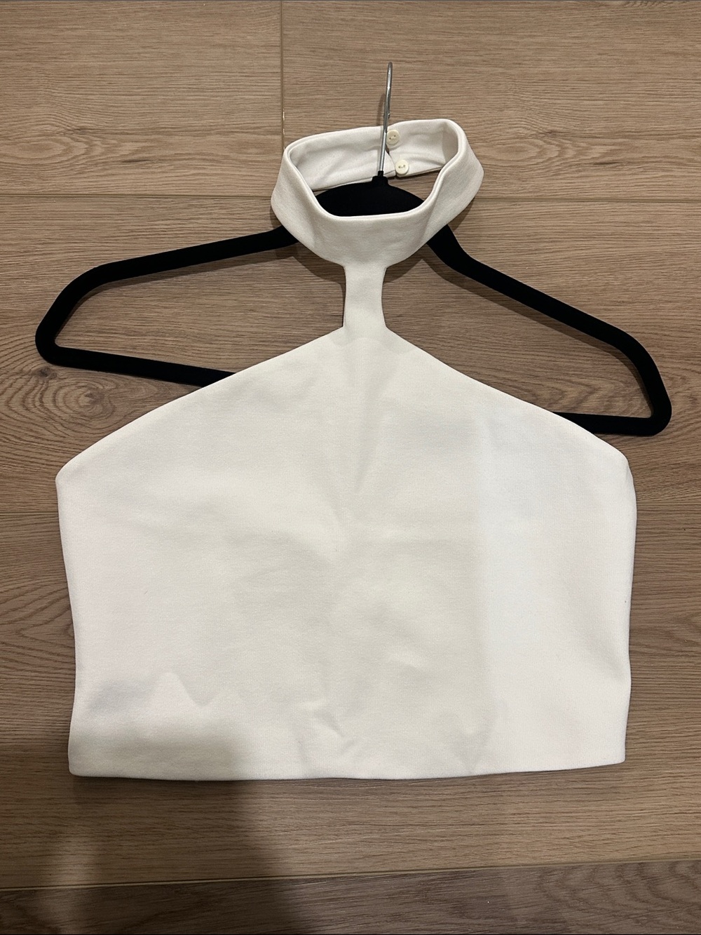 Zara White High neck Crop Top with Buttoned Neck